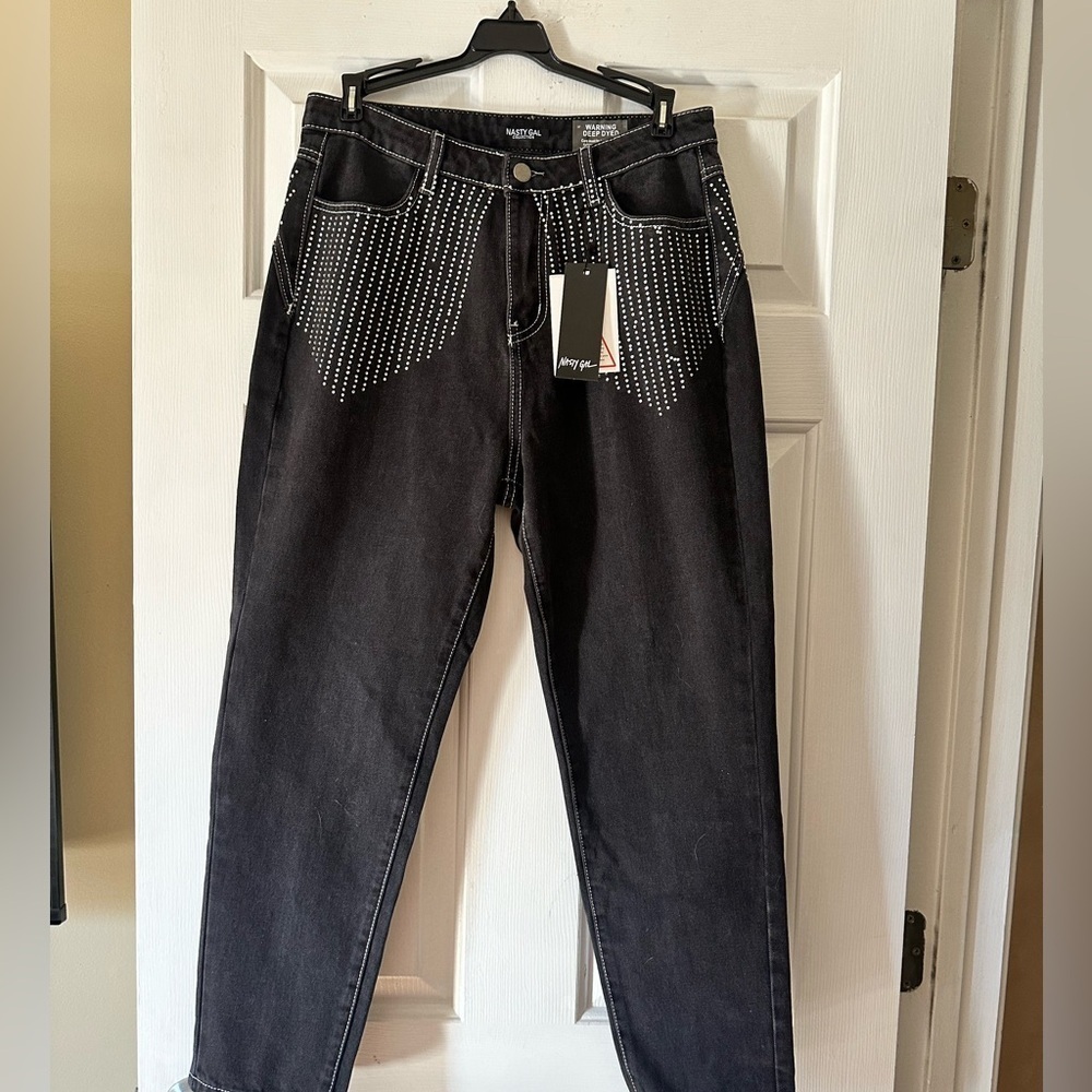 Nasty Gal rhinestone dark wash mom jeans, size 4 - Picture 3 of 10